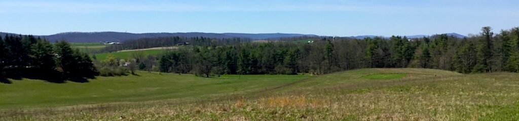 Image is of fields, woods, mountain ridge & sky of the preserved Cole Farm, 100 acres, Haines Township.
